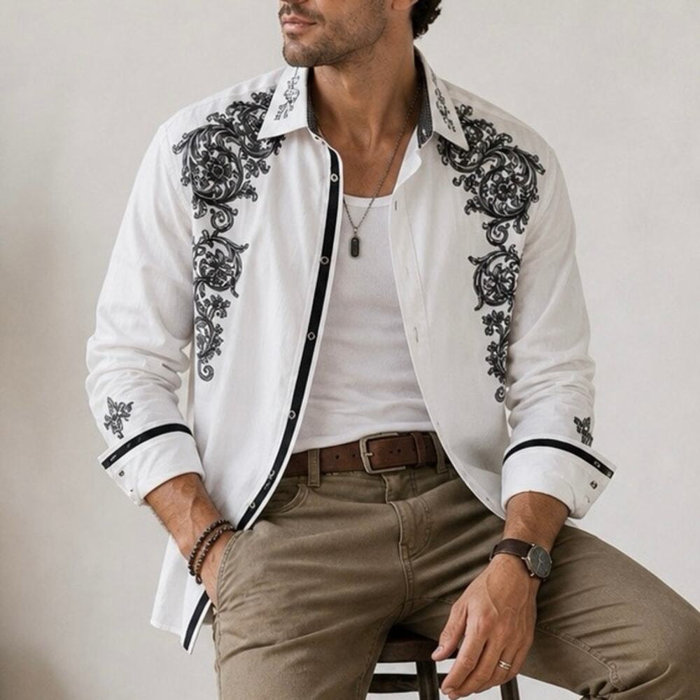 English Laundry XXL Wht Embroider Shirt Y2K Rock Baroque Button Down Rockabilly